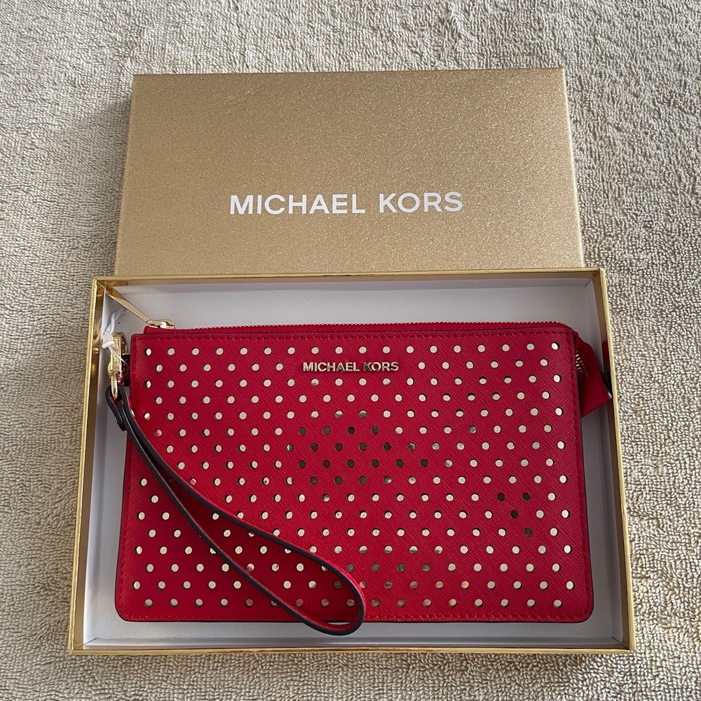 Michael Kors Red Wristlet with Gold and Black Accents